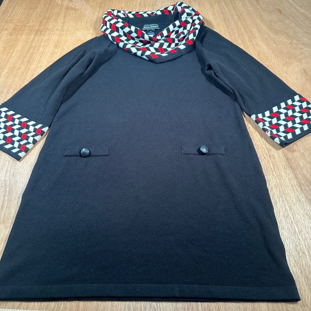 Jessica Howard Sweater Dress Women PL Black Cowl Neck Geometric 3/4 Sleeve Knit